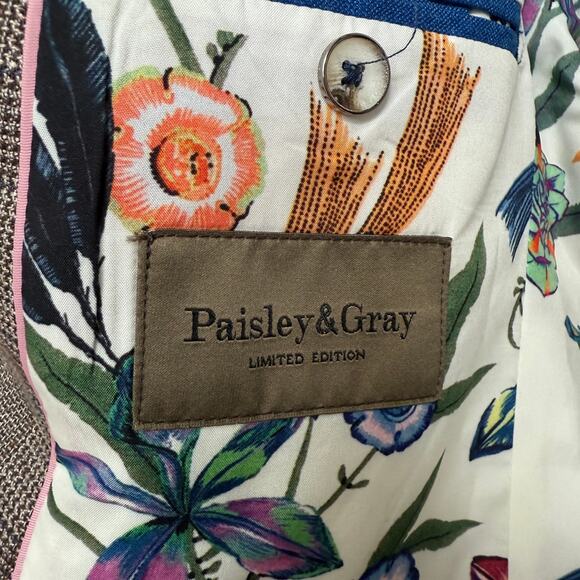 Paisley & Gray sz 36R Taupe wool Plaid Blazer Floral Lining‎ Modern Fit - Picture 6 of 10
